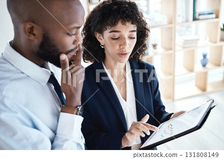 Tablet data, business collaboration or black people review finance portfolio feedback, stock market database or investment. Online NFT trading, forex chart or team reading bitcoin or crypto analytics 131808149