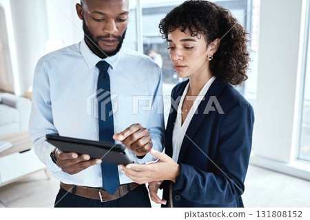 Office tablet, business collaboration or team review finance portfolio feedback, stock market database or investment. Financial economy, forex account manager or trader trading NFT, bitcoin or crypto 131808152