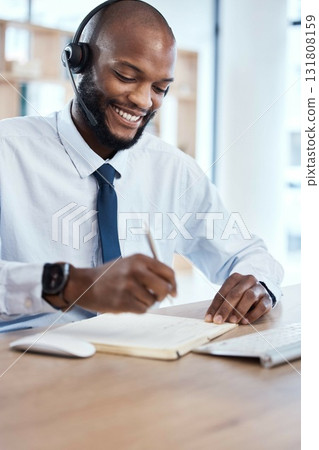 Customer service, consulting notebook and black man writing telemarketing summary for contact us CRM. Call center communication, e commerce telecom or information technology consultant on microphone 131808159