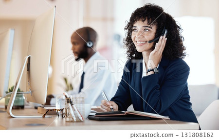 Crm, call center and black woman communication of a lead generation worker on a office call. Customer service, web support and thinking contact us employee with a smile from online consulting job 131808162
