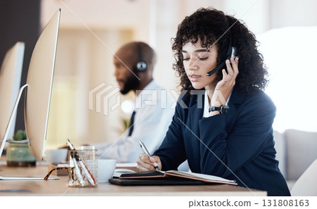 Call center, black woman and writing of a crm, contact us and telemarketing employee. Consultant, web support and computer communication of an online consulting agent working on customer service 131808163