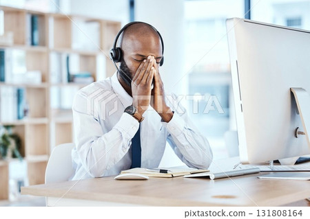 Anxiety, depression and burnout by call center worker, employee and customer service consultant in office. Pain, mental health and telemarking agent overworked and frustrated at the workplace Anxiety, depression and burnout by call center worker, employee and customer service consultant in office. Pain, mental health and telemarking agent overworked and frustrated at the workplace 131808164