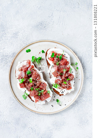 sandwiches, rye bread with cream cheese, sliced tuna fillet with herbs, breakfast, homemade, 131808221