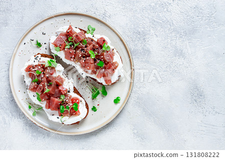 sandwiches, rye bread with cream cheese, sliced tuna fillet with herbs, breakfast, homemade, sandwiches, rye bread with cream cheese, sliced tuna fillet with herbs, breakfast, homemade, 131808222