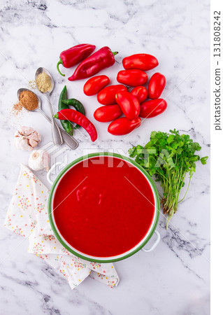 Georgian Satsebeli sauce, made from tomatoes and sweet peppers, with spices, homemade, no people, Georgian Satsebeli sauce, made from tomatoes and sweet peppers, with spices, homemade, no people, 131808242
