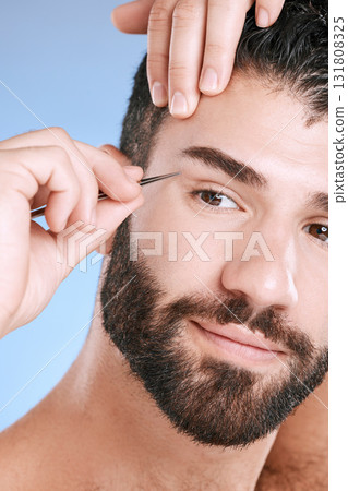 Beauty, facial and tweezers with eyebrow of man for grooming, skincare and maintenance. Hygiene, cosmetics and self care with face of model shaping growth for hair removal, treatment and cleaning Beauty, facial and tweezers with eyebrow of man for grooming, skincare and maintenance. Hygiene, cosmetics and self care with face of model shaping growth for hair removal, treatment and cleaning 131808325