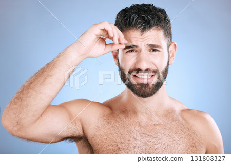 Eyebrow, facial and hair removal with portrait of man and tweezers for grooming, skincare and maintenance. Hygiene, cosmetics and self care with face of model shaping growth for beauty treatment 131808327