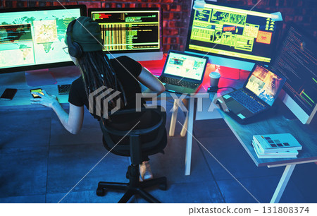 Coding, hacker woman and computer for cybersecurity, programming and big data at night. Digital, dashboard and technology of a female working on futuristic, iot and software database for phishing 131808374