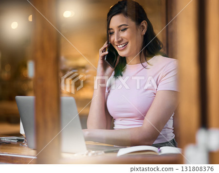 Coffee shop window, phone call and woman doing online writer work in a cafe. Computer, smile and happiness of a young person in a restaurant with online writing with mobile communication and tech 131808376