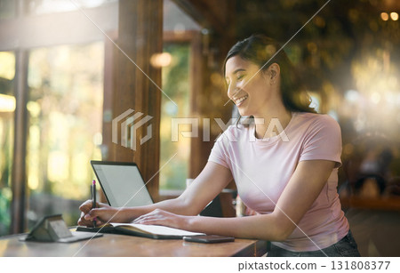 Smile, remote work or woman writing in cafe, laptop or planning research, creative idea or schedule. Happy, startup or employee girl in coffee shop with notebook and tech for social network blog news 131808377