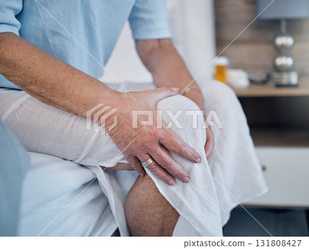 Knee pain, elderly woman and health with hand, injury and old age, medical emergency with sick person and wellness. Inflammation, muscle tension and frail, arthritis or fibromyalgia with healthcare 131808427