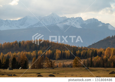 Scenic view of mountains and autumn forest with golden and green trees Scenic view of mountains and autumn forest with golden and green trees 131808486