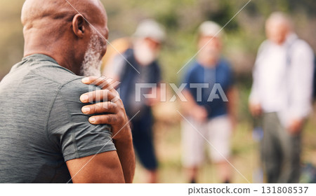 Shoulder pain, injury and back of senior black man after hiking accident outdoors. Sports, training hike and elderly male with fibromyalgia, inflammation or arthritis, broken bones or painful muscles 131808537