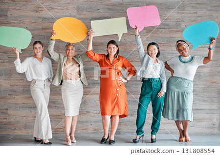 Feedback, logo and idea with business people and speech bubble for social media, recruitment and diversity. Design, communication and mockup with women and board for vote, review and question 131808554