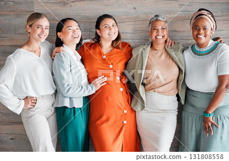 Happy, friends and portrait of a pregnant female with women by a wood wall at her baby shower. Friendship, diversity and group of ladies supporting, loving and bonding with pregnancy together. 131808558