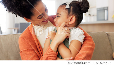 Happy, sofa and mother and child with hug, support and love for relationship, bonding and care in living room. Family, home and mom and kid playing together for happiness, joy and relax on the couch Happy, sofa and mother and child with hug, support and love for relationship, bonding and care in living room. Family, home and mom and kid playing together for happiness, joy and relax on the couch 131808598
