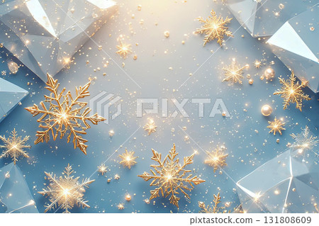 Festive winter background with golden snowflakes and sparkling lights on soft blue crystals surface Festive winter background with golden snowflakes and sparkling lights on soft blue crystals surface 131808609