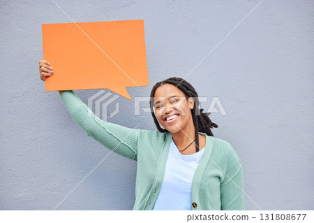 Black woman, portrait or speech bubble of opinion, social media or vote on isolated mock up, grey background or mockup. Smile, happy or student on paper poster, marketing billboard or feedback review 131808677