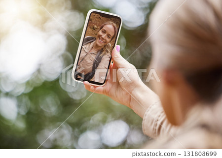Hiking, phone selfie or happy woman in nature, forest or wilderness live streaming trekking adventure. Pictures, 5g social media online post or girl hiker walking in natural park or woods on holiday Hiking, phone selfie or happy woman in nature, forest or wilderness live streaming trekking adventure. Pictures, 5g social media online post or girl hiker walking in natural park or woods on holiday 131808699