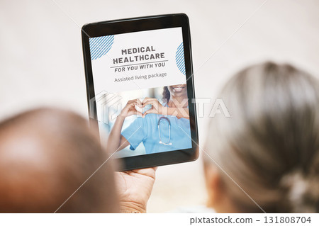 Tablet, healthcare or old couple reading health insurance information on a medical website or internet. Digital app, screen or elderly man searching online for a life plan or policy with senior woman Tablet, healthcare or old couple reading health insurance information on a medical website or internet. Digital app, screen or elderly man searching online for a life plan or policy with senior woman 131808704