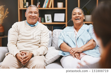 Marriage, happy or old couple in counseling with a psychologist for mental health advice or support. Consulting, retirement or senior man laughing with an elderly woman talking to a funny therapist 131808719