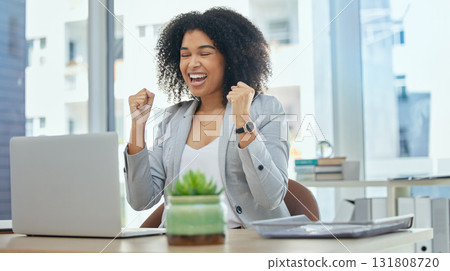 Business woman, laptop or success fist in financial growth, achievement or investment budget target. Smile, happy or winner corporate worker and technology, cheering hands or profit bonus celebration Business woman, laptop or success fist in financial growth, achievement or investment budget target. Smile, happy or winner corporate worker and technology, cheering hands or profit bonus celebration 131808720