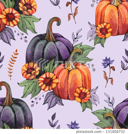 Autumn pumpkins seamless pattern. Sunflowers, flowers, leaves. Perfect for fall, Thanksgiving, holidays, fabric, textile. Seamless repeat swatch. 131808732