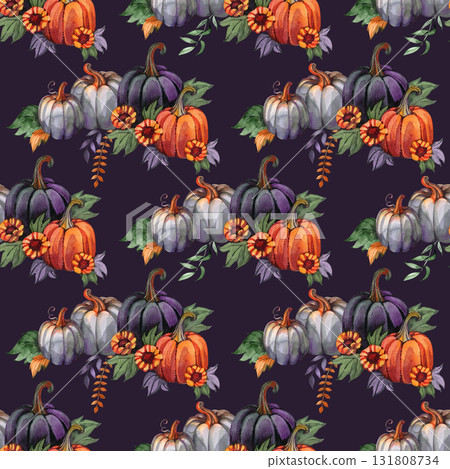 Autumn pumpkins seamless pattern. Sunflowers, flowers, leaves. Perfect for fall, Thanksgiving, holidays, fabric, textile. Seamless repeat swatch. 131808734