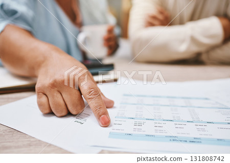 Finance, budget and couple hands for planning, paperwork and financial advisor review, analysis or advice. Accounting, banking person with taxes, payment quote or bills for mortgage or loan documents 131808742