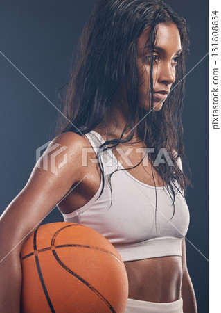 Basketball player, sports workout and studio woman for wellness challenge, practice game or fitness competition. Performance training, health exercise and athlete model isolated on dark background 131808834