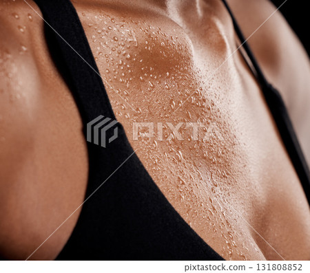 Woman, sweat and chest from intense workout, fitness or physical exercise in fat burn or weight loss. Sweaty female upper body in healthy cardio exercising, running or stamina training persperation 131808852