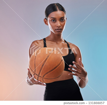 Basketball portrait, sports fitness and woman ready for workout challenge, practice game or studio competition. Performance training, health exercise and athlete model isolated on gradient background Basketball portrait, sports fitness and woman ready for workout challenge, practice game or studio competition. Performance training, health exercise and athlete model isolated on gradient background 131808857