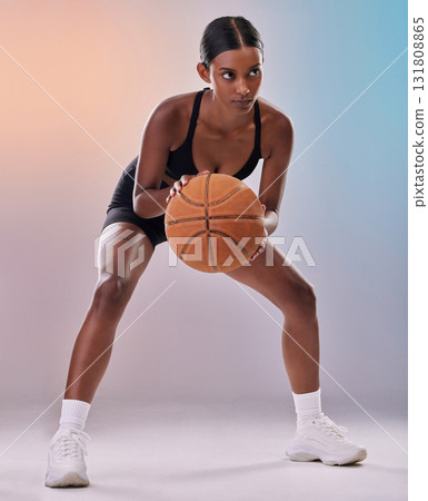 Fitness, basketball player or black woman isolated on gradient background in action, challenge and body workout. Indian person or young model in studio training, exercise and ball with focus mindset Fitness, basketball player or black woman isolated on gradient background in action, challenge and body workout. Indian person or young model in studio training, exercise and ball with focus mindset 131808865