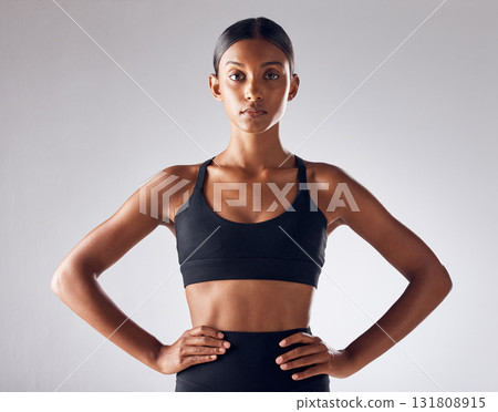 Fitness, sports and health with portrait of Indian woman for training, workout and wellness goals. Exercise, diet and mindset with girl athlete for mission, cardio and motivation in studio background 131808915