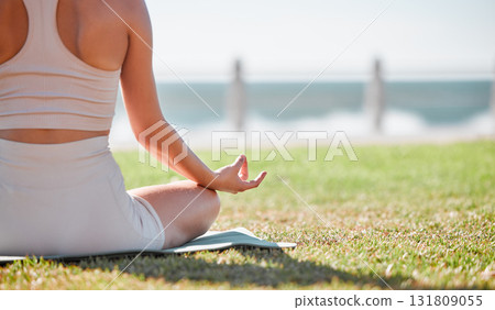 Yoga, meditation and hands of woman on grass for healthy lifestyle, body wellness and cardio workout. Sports, pilates training and girl doing exercise for mindfulness, spiritual zen and peace in park Yoga, meditation and hands of woman on grass for healthy lifestyle, body wellness and cardio workout. Sports, pilates training and girl doing exercise for mindfulness, spiritual zen and peace in park 131809055