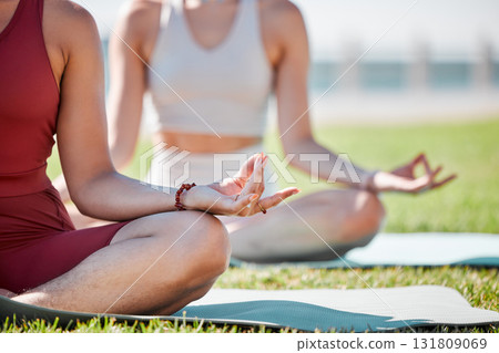 Yoga, lotus hands and couple of friends or women for zen fitness, exercise and mindfulness, healing and peace in park. Meditation, nature and calm people or health personal trainer for body wellness Yoga, lotus hands and couple of friends or women for zen fitness, exercise and mindfulness, healing and peace in park. Meditation, nature and calm people or health personal trainer for body wellness 131809069