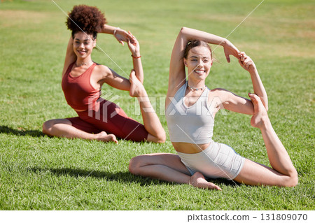 Women, yoga friends and stretching on grass for wellness, strong legs and body goals in morning sunshine. Woman team, fitness and exercise on lawn field with support, focus and mindfulness in summer Women, yoga friends and stretching on grass for wellness, strong legs and body goals in morning sunshine. Woman team, fitness and exercise on lawn field with support, focus and mindfulness in summer 131809070