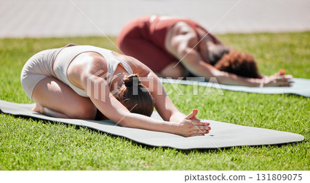 Fitness, woman and yoga on grass for spiritual wellness, healthy exercise or stretching on mat in nature. Women, friends and yogi in warm up stretch class for zen workout, relax or pilates for peace 131809075