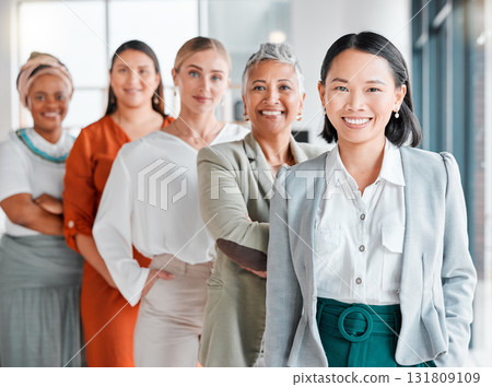 Women in business, portrait and diversity with team, collaboration and corporate group with success and vision. Happy, working together and professional, motivation with trust, support and solidarity 131809109