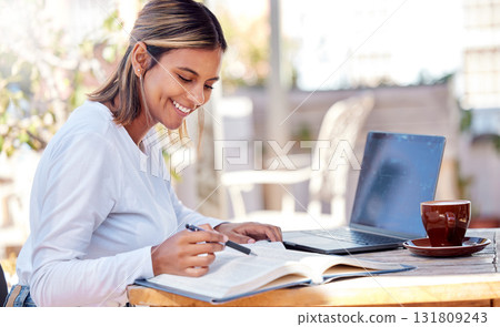 Woman, reading textbook and student, education with smile and study academic course, learning and university. Happy female at outdoor cafe, book and pen for research and studying for exam with laptop Woman, reading textbook and student, education with smile and study academic course, learning and university. Happy female at outdoor cafe, book and pen for research and studying for exam with laptop 131809243