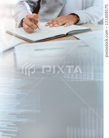 Notebook writing, hands or hologram code for financial growth, investment management or fintech software planning. Coding, abstract or data analytics overlay for worker woman on accounting database 131809270