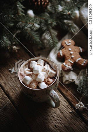 Warm Mug of Hot Chocolate With Marshmallows Beside a Gingerbread Cookie in a Cozy Setting 131809309