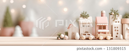 Wooden Toy Houses and Cars on a Table With Soft Lighting for a Cozy Decor Scene Wooden Toy Houses and Cars on a Table With Soft Lighting for a Cozy Decor Scene 131809315