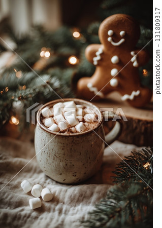 Warm Mug of Hot Chocolate With Marshmallows Beside a Gingerbread Cookie in a Cozy Setting 131809317