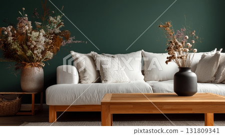 Cozy Living Room With Minimalist Design, Green Wall and Natural Decor Elements Cozy Living Room With Minimalist Design, Green Wall and Natural Decor Elements 131809341