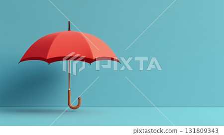Bright Red Umbrella Stands Against a Light Blue Background for a Vibrant Contrast 131809343