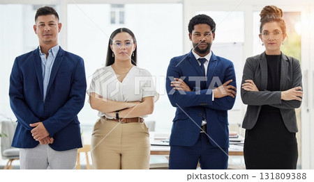 Business people, portrait and serious team with arms crossed in confidence for leadership at the office. Diversity, men and women in corporate management, teamwork or company mission at the workplace Business people, portrait and serious team with arms crossed in confidence for leadership at the office. Diversity, men and women in corporate management, teamwork or company mission at the workplace 131809388