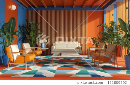 Cozy Modern Living Room With Bright Colors and Plants in a Stylish Setting 131809392