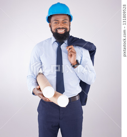 Black man, architect and studio portrait with blueprint for design, project and property by white background. African architecture engineer, smile and excited face for real estate construction Black man, architect and studio portrait with blueprint for design, project and property by white background. African architecture engineer, smile and excited face for real estate construction 131809528