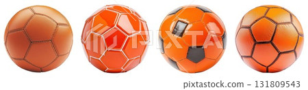 Four orange soccer balls side by side displayed individually isolated on white background 131809543